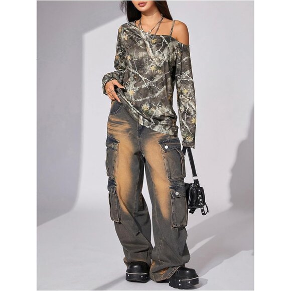 Women's Camo T-Shirts Long Sleeve Cold Shoulder Loose Tee Shirts Vintage Streetw - Picture 5 of 5